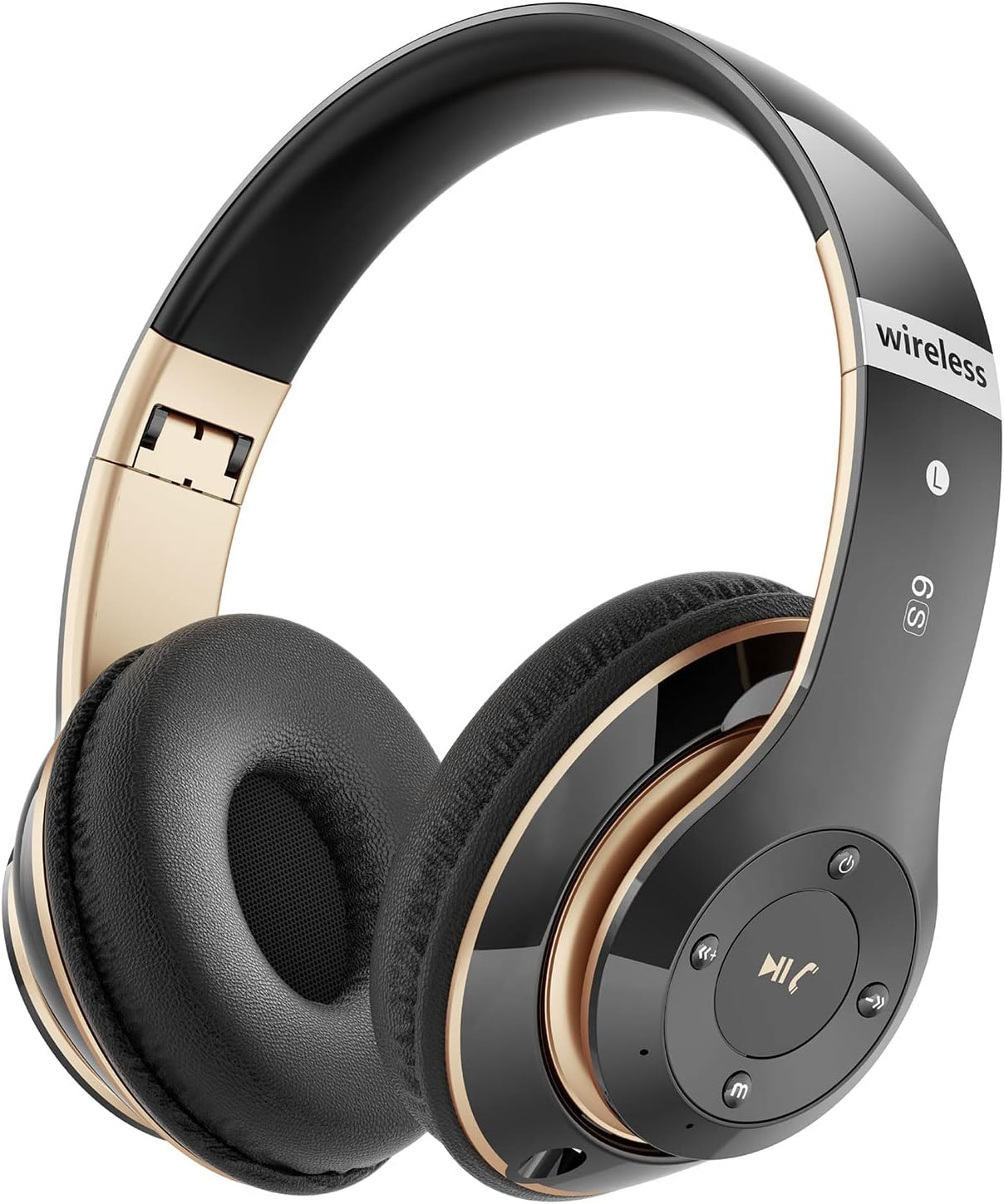 Bluetooth Headphones Over Ear, 6S Wireless Headphones Wired with 6 EQ Modes, 40 Hours Playtime Foldable HiFi Stereo Headset with Microphone, Soft Ear Pads, FM/TF for Cellphone/PC/Work (Black  Gold)                Wireless Technology: Bluetooth, FM