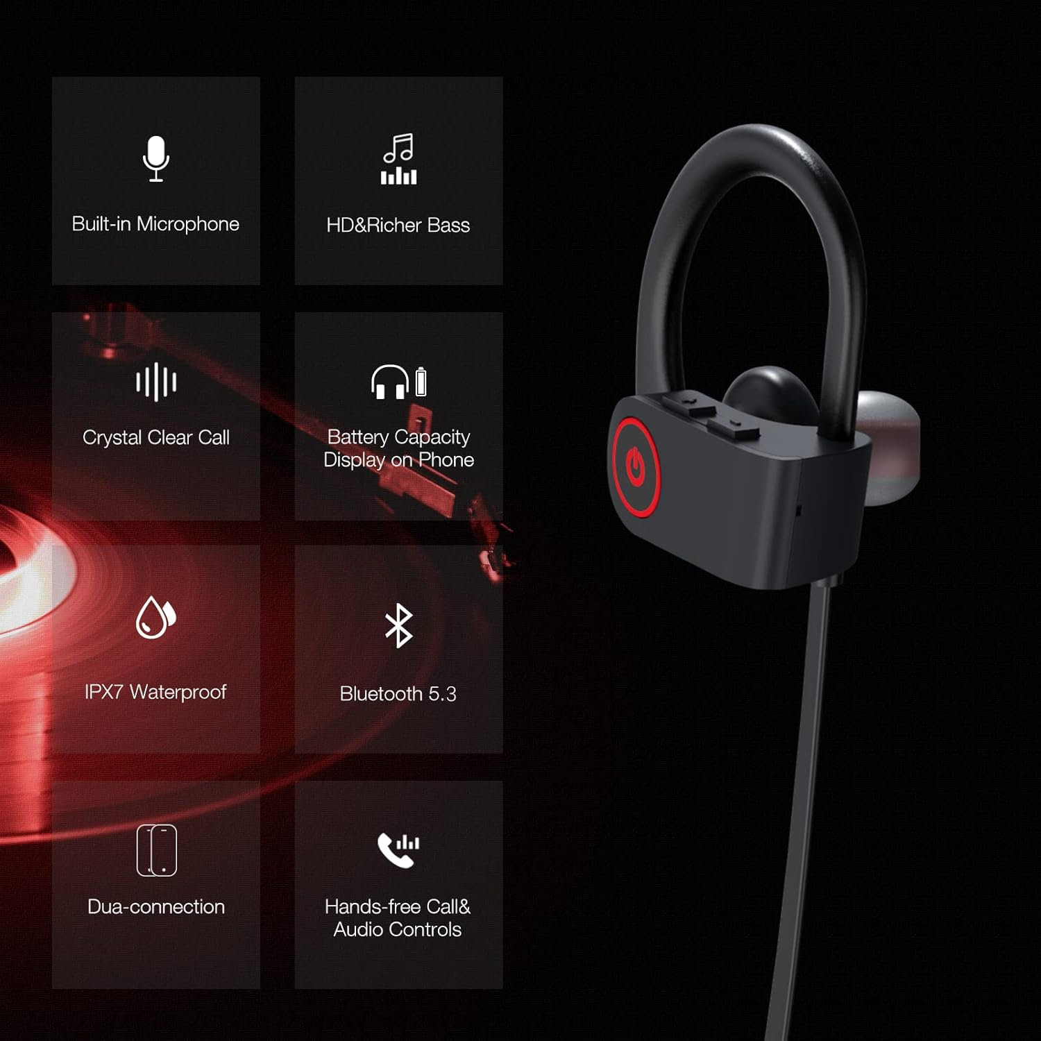 Bluetooth Headphones, Sport Headphones HD Bass+ Sound Wireless Headphones with IPX7 Waterproof Bluetooth V5.3 Running Headphones with 16H Playtime, Sound Isolation Headphones
