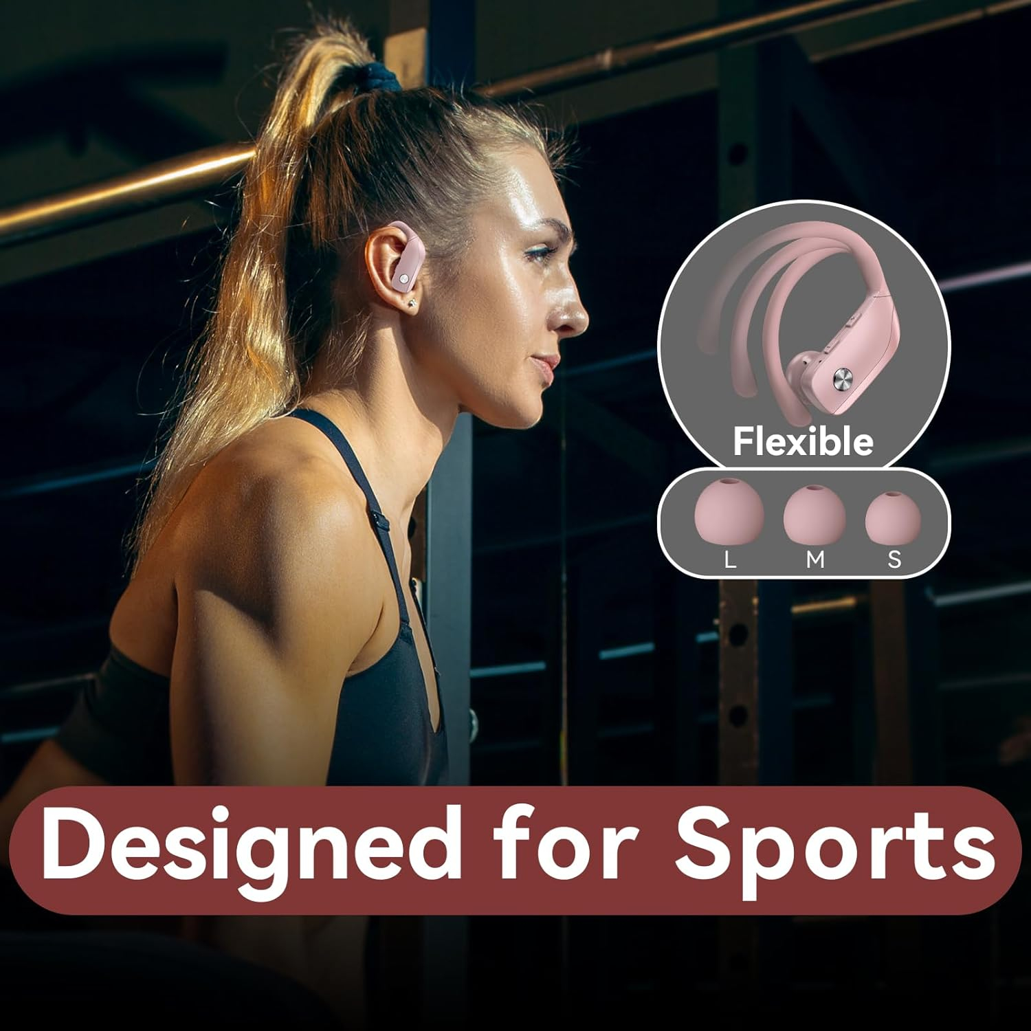 bmani Wireless Earbuds Bluetooth Headphones 48hrs Play Back Sport Earphones with LED Display Over-Ear Buds with Earhooks Built-in Mic Headset for Workout Pink