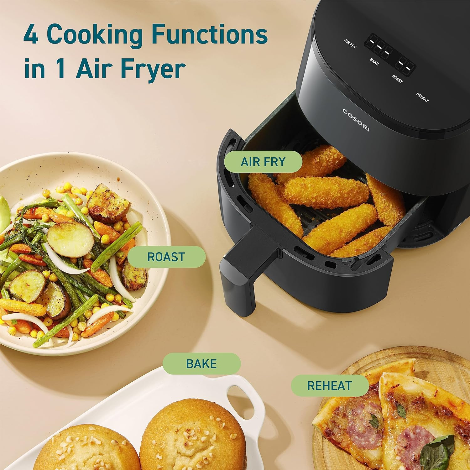 COSORI Small Air Fryer Oven 2.1 Qt, 4-in-1 Mini Airfryer, Bake, Roast, Reheat, Space-saving  Low-noise, Nonstick and Dishwasher Safe Basket, 30 In-App Recipes, Sticker with 6 Reference Guides,Grey