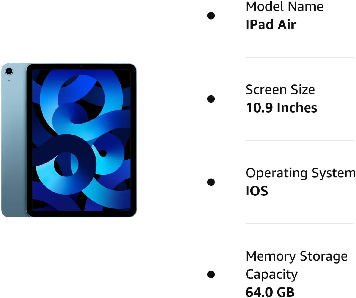 Early 2022 Apple iPad Air 5th Gen (10.9 inch, Wi-Fi, 64GB) Blue (Renewed)
