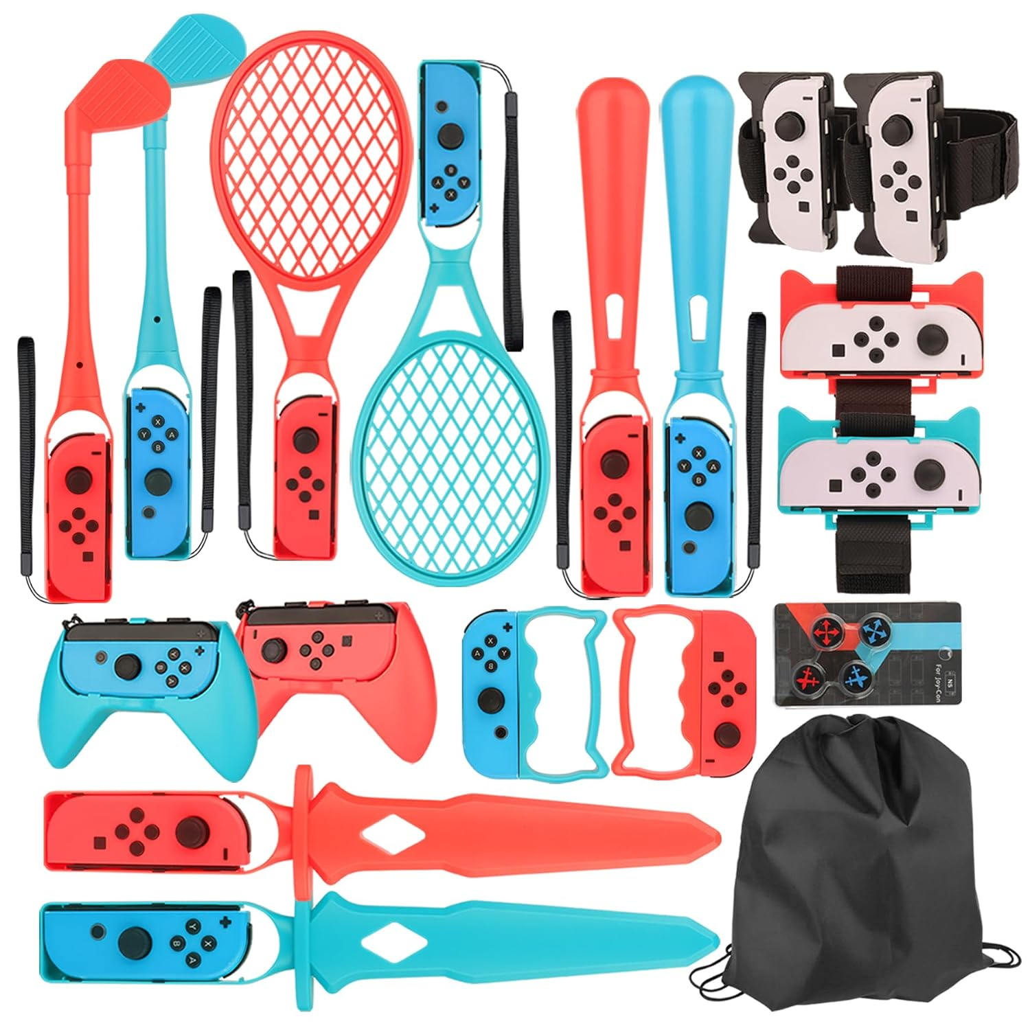 EOVOLA 18 in 1 Accessories Kit for Nintendo Switch / OLED Sports Games, Tennis Rackets, Comfort Grips Golf Clubs, Swords, Wrist Bands and Leg Strap Etc.-With Storage Bag