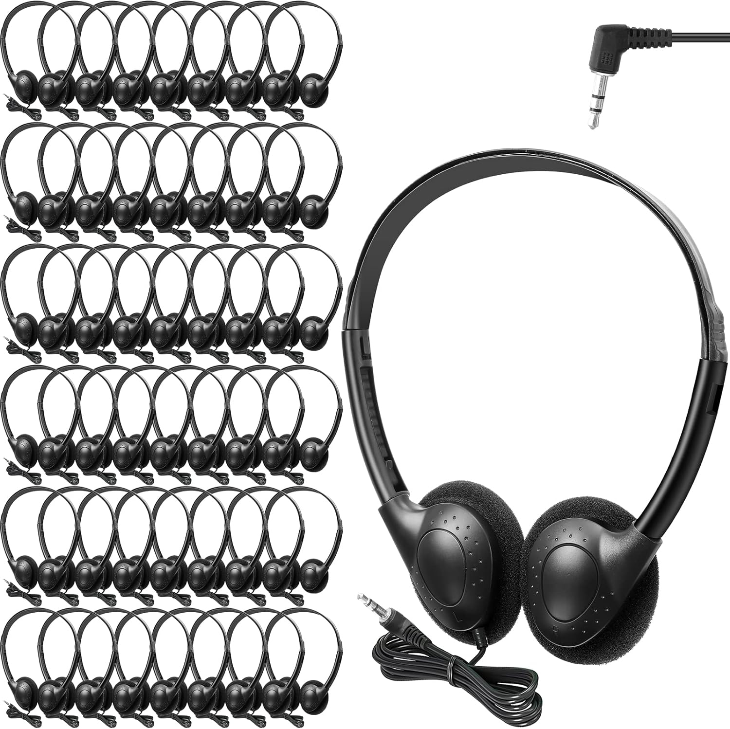 Frienda 48 Pack Classroom Headphones on Ear Wired Stereo Headset with 3.5mm Jack, Over The Head Student Earphone Set for Kids Adults School Library Airplane Computer Laptop, No Microphone (Black)