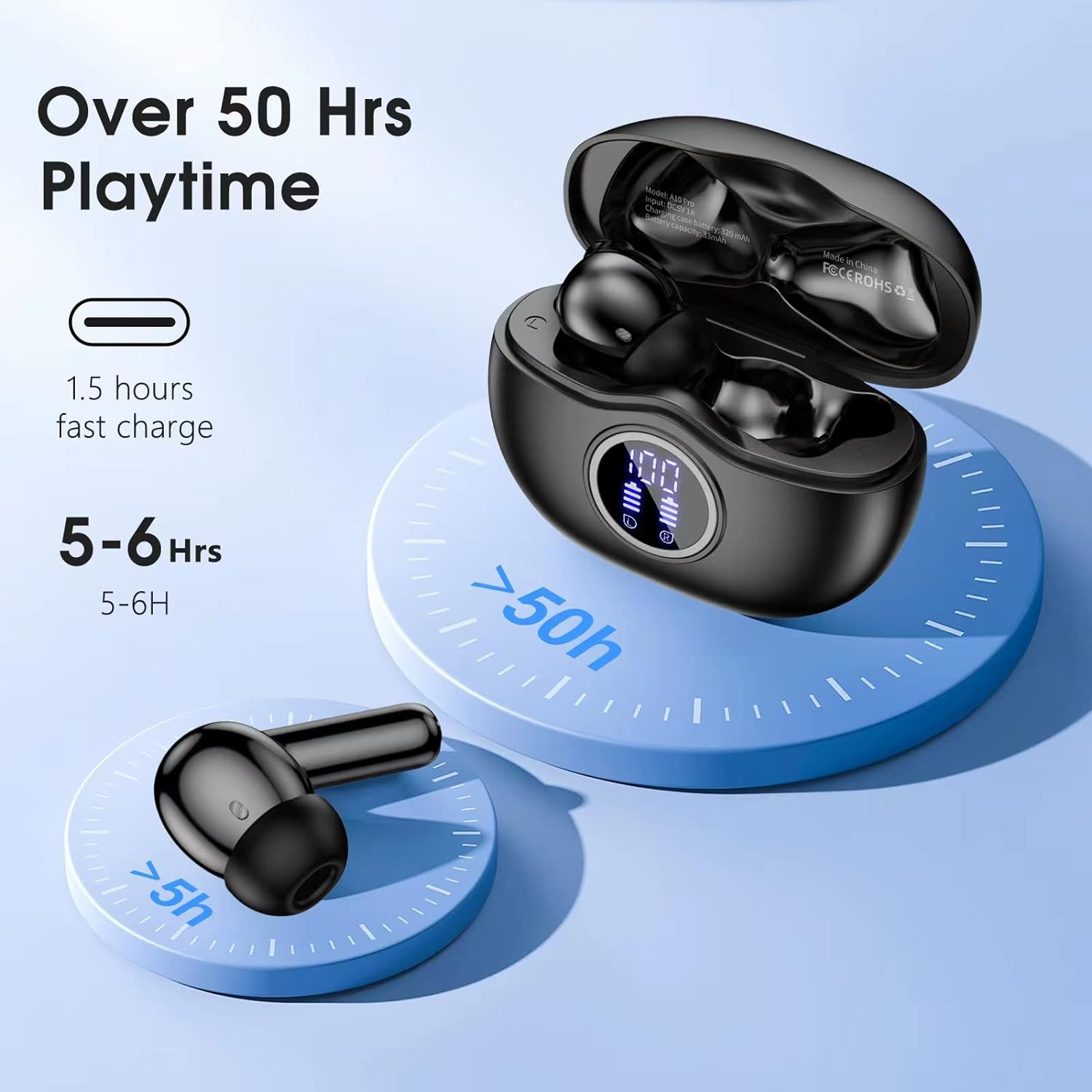 HKERR Wireless Earbuds, 50Hrs Playtime Bluetooth Earbuds Built in Noise Cancellation Mic with Charging Case, Bluetooth Headphones with Stereo Sound, IPX7 Waterproof Ear Buds for iPhone and Android