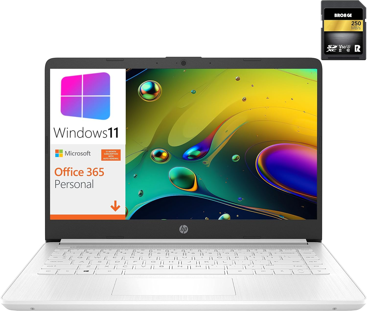 HP 14 14 Laptop Computer, Intel Core Celeron N4120 up to 2.6GHz, 4GB DDR4 RAM, 128GB Storage (64GB eMMC + 64GB SD Card), WiFi, Bluetooth 5.0, 1-Year Office 365, Snowflake White, Windows 11 S, BROAG