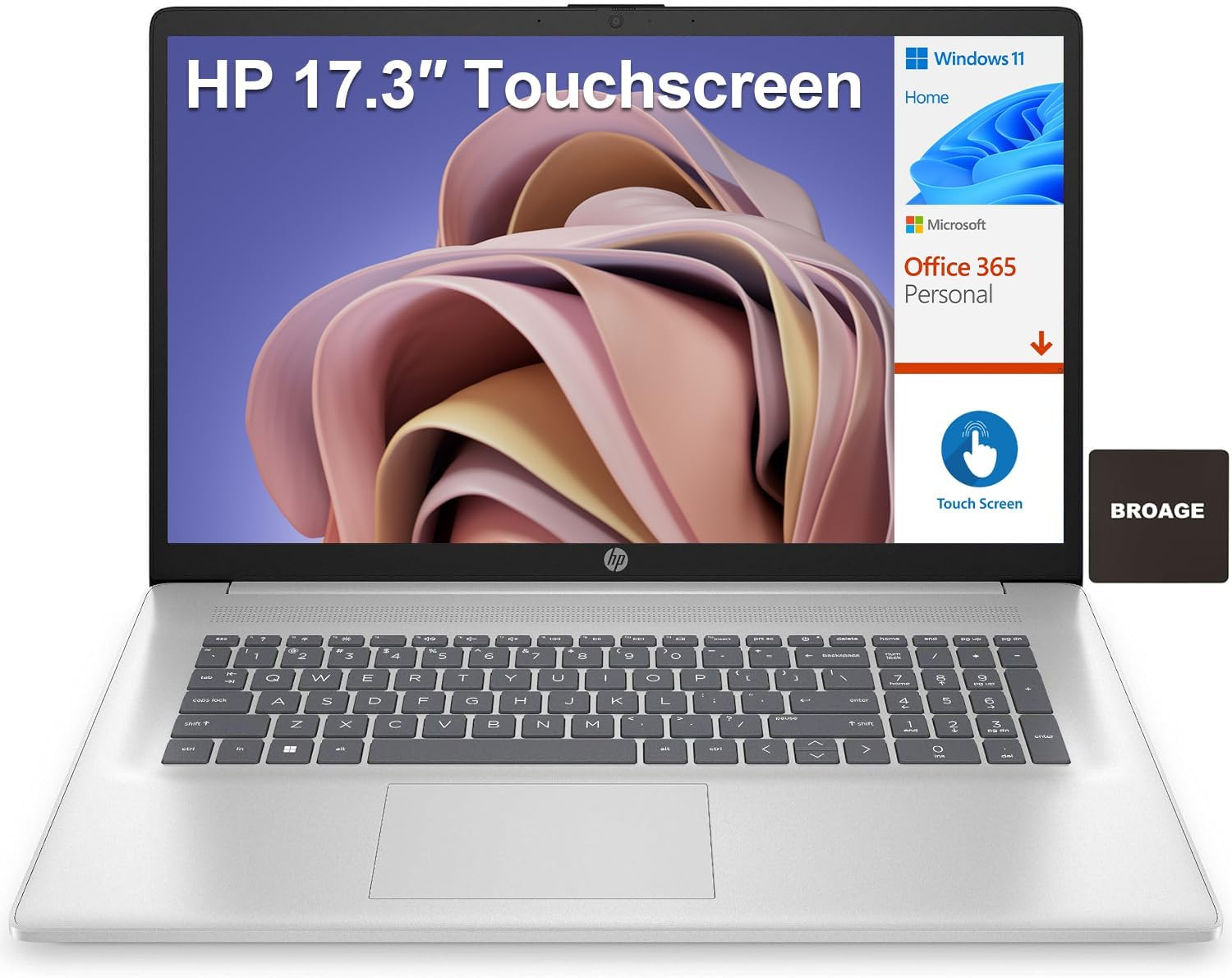 HP 17 17.3 Touchscreen HD+ Laptop Computer, Intel Pentium Silver N5030 up to 3.1GHz, 16GB DDR4 RAM, 1TB PCIe SSD, 802.11AC WiFi, Bluetooth 5.0, 1-Year Office 365, Silver, Windows 11 Home S, BROAG