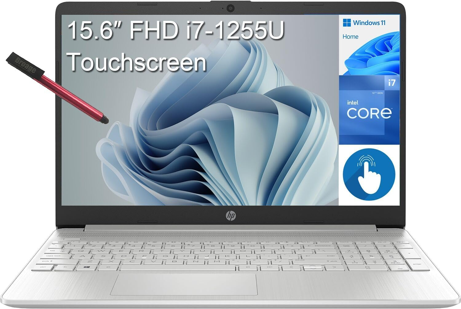 HP 2023 15 15.6 Touchscreen FHD Laptop Computer, 12th Gen Intel 10-Core i7-1255U, 16GB DDR4 RAM, 1TB PCIe SSD, 802.11AC WiFi, Bluetooth, Natural Silver, Windows 11 Home S, BROAG 64GB Flash Stylus