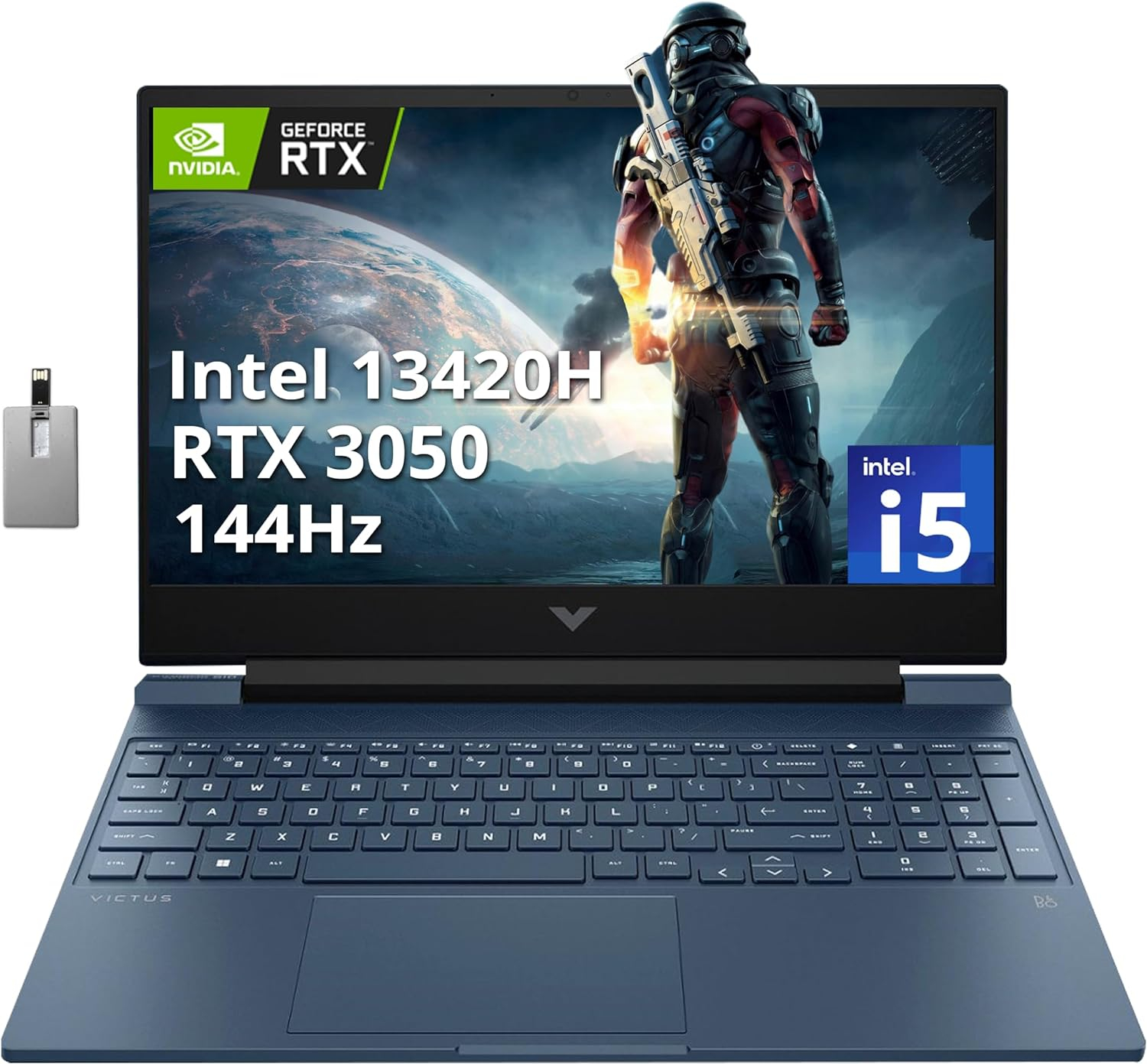 HP Victus Gaming Laptop, 15.6 FHD 144Hz IPS Display, Intel Core i5-13420H, NVIDIA GeForce RTX 3050, 16GB RAM, 1TB PCIe SSD, Backlit Keyboard, Wi-Fi 6, HD Camera, Win 11 Pro, Blue, 32GB USB Card