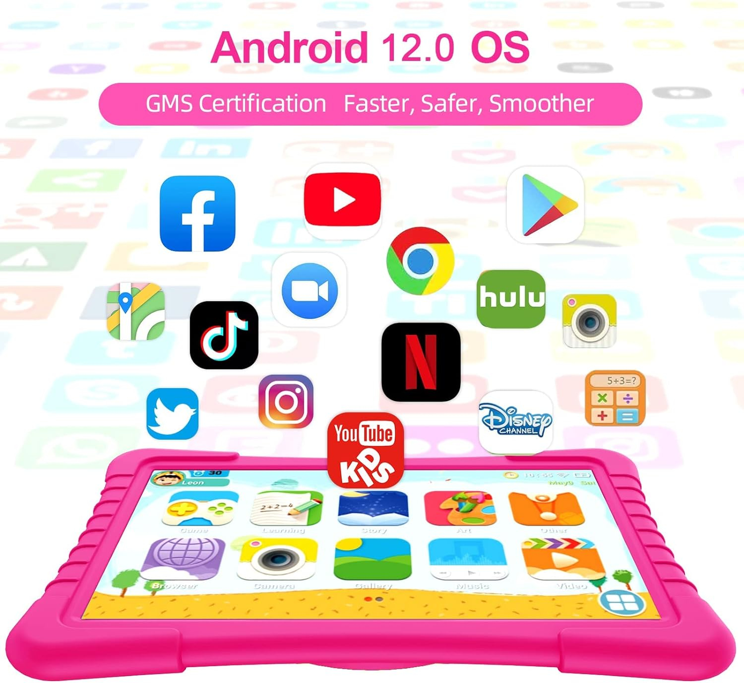 Kids Tablet, 10 inch Tablet for Kids Android 12 Tablet 2GB 64GB Toddler Tablet with 8000mAh Battery, WiFi, Bluetooth, Dual Camera, Parental Control, Google Play, Netflix, YouTube(Pink)