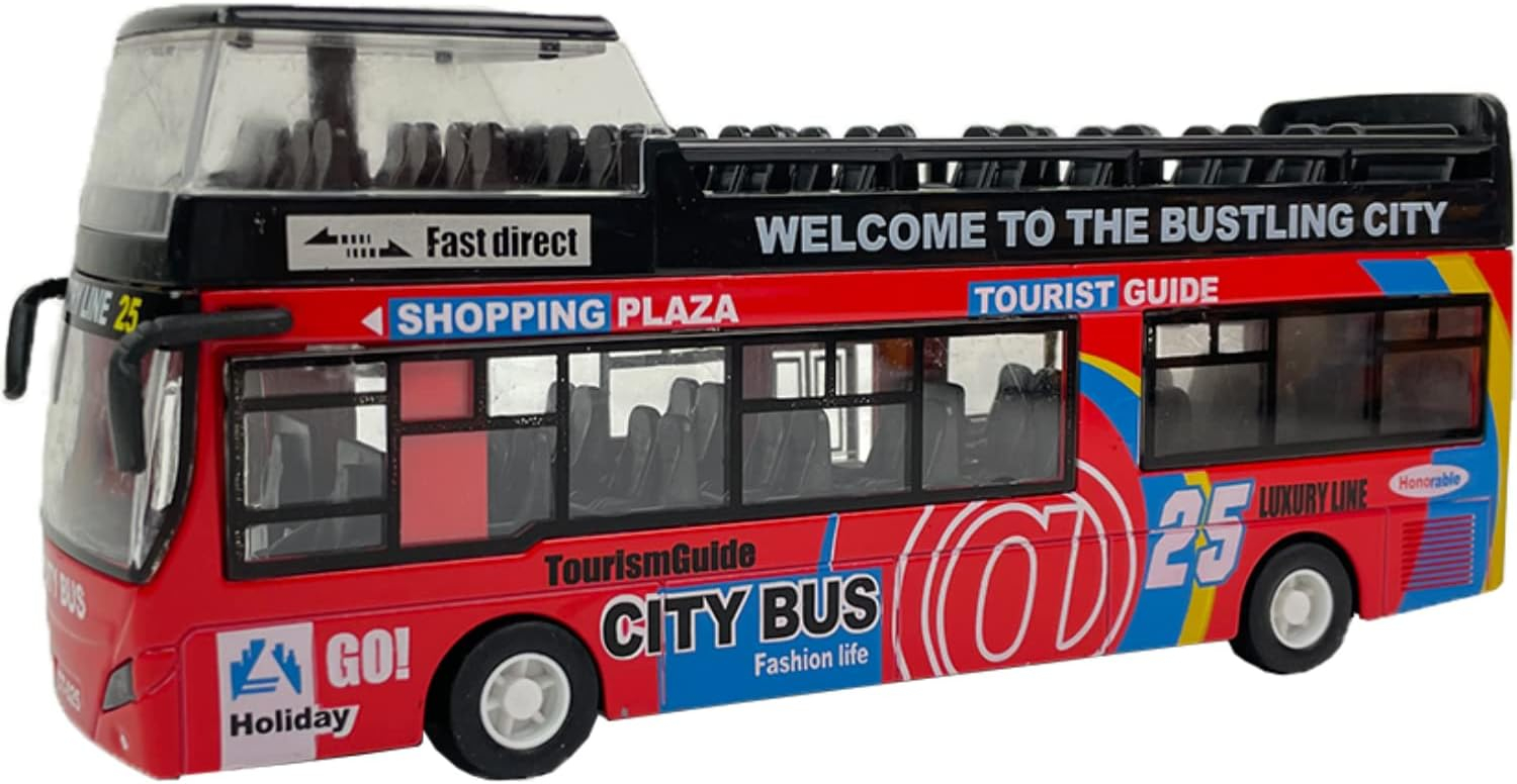 Liberty Imports 1:32 Scale Die Cast Sightseeing Tour Bus Toy Pull Back Vehicles | Mini Double Decker Tourist Open Top Bus Model Car | Pullback Action Toys with Lights and Music (Red)