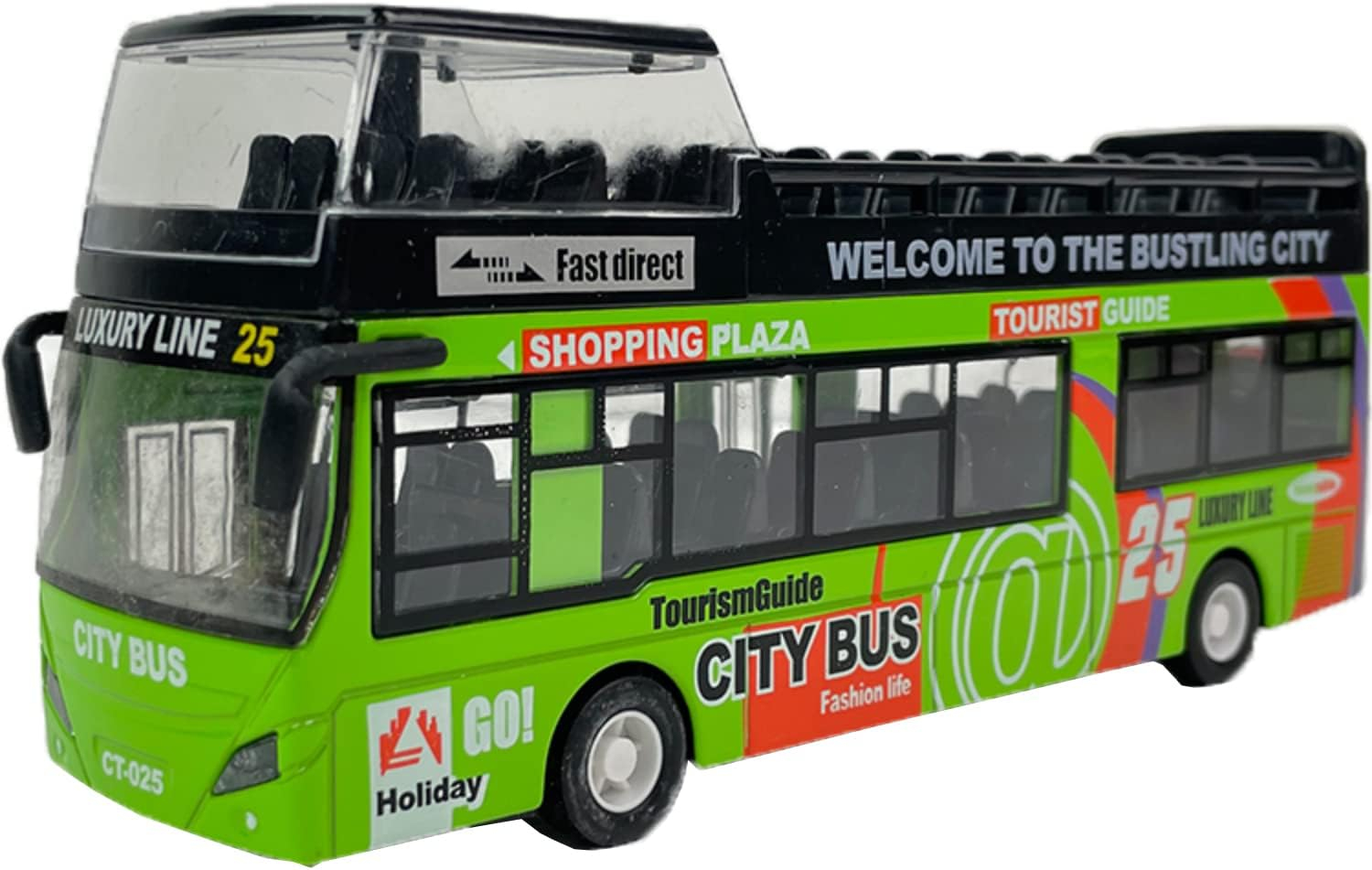 Liberty Imports 1:32 Scale Die Cast Sightseeing Tour Bus Toy Pull Back Vehicles | Mini Double Decker Tourist Open Top Bus Model Car | Pullback Action Toys with Lights and Music (Red)