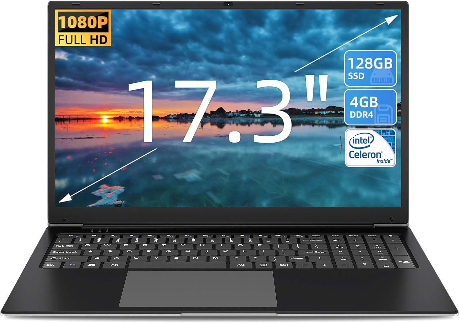 Naclud Laptop, 17 Inch Notebook, 4GB RAM 128GB SSD Laptops Computer, 1920 * 1080 IPS Display, Intel Celeron Quad-Core Processor(Up to 2.5GHz), Mini HDMI, Webcam, Wi-Fi, 512GB Expansion
