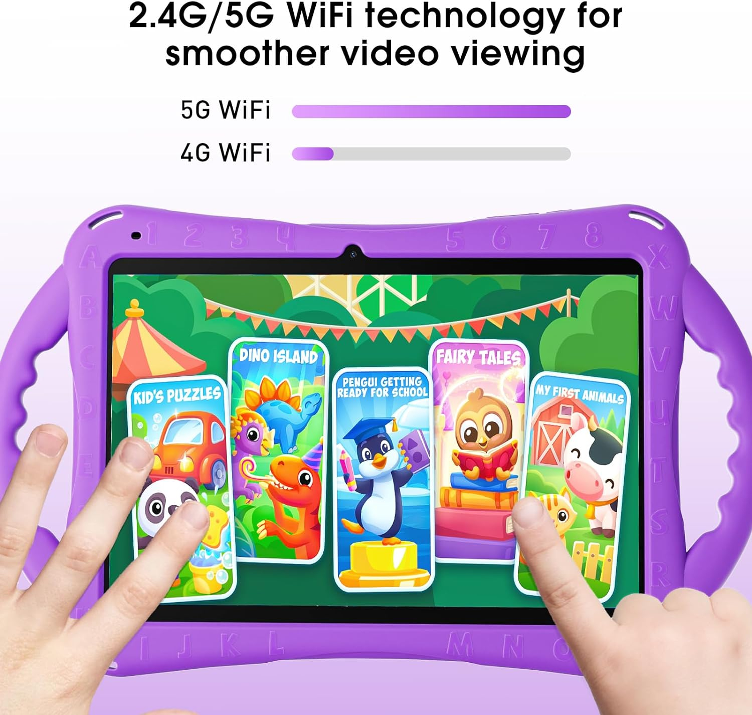 Naclud Tablet for Kids, 10 Inch Android 12 Kids Tablet with Kids Case, 2GB RAM 64GB ROM, 6000mAh, 1280 * 800 Display, Dual Camera, WiFi, Educational Games (Purple)