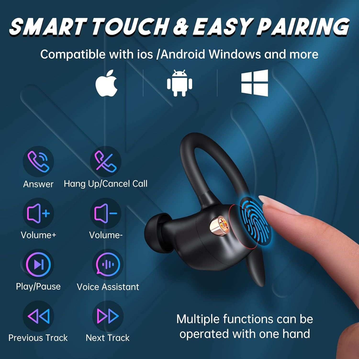 NANSON Headphones Wireless Earbuds 60hrs Playback IPX7 Waterproof Earphones Over-Ear Stereo Bass Headset with Earhooks Microphone LED Battery Display for Sports/Workout/Gym/Running Violet
