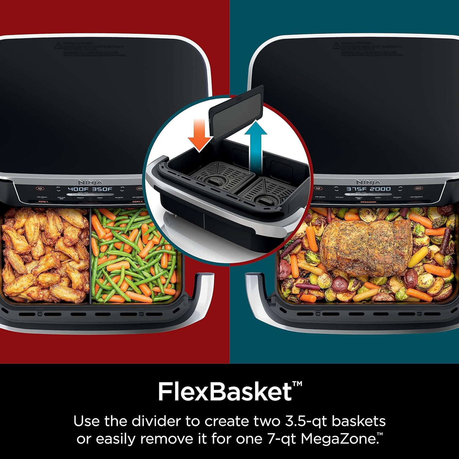 Ninja DZ071 Foodi 6-in-1 DualZone FlexBasket Air Fryer with 7-QT MegaZone  Basket Divider, Large Proteins  Full Meals, Smart Finish Cook 2 Foods 2 Ways, Large Capacity, Air Fry, Bake  More, Black