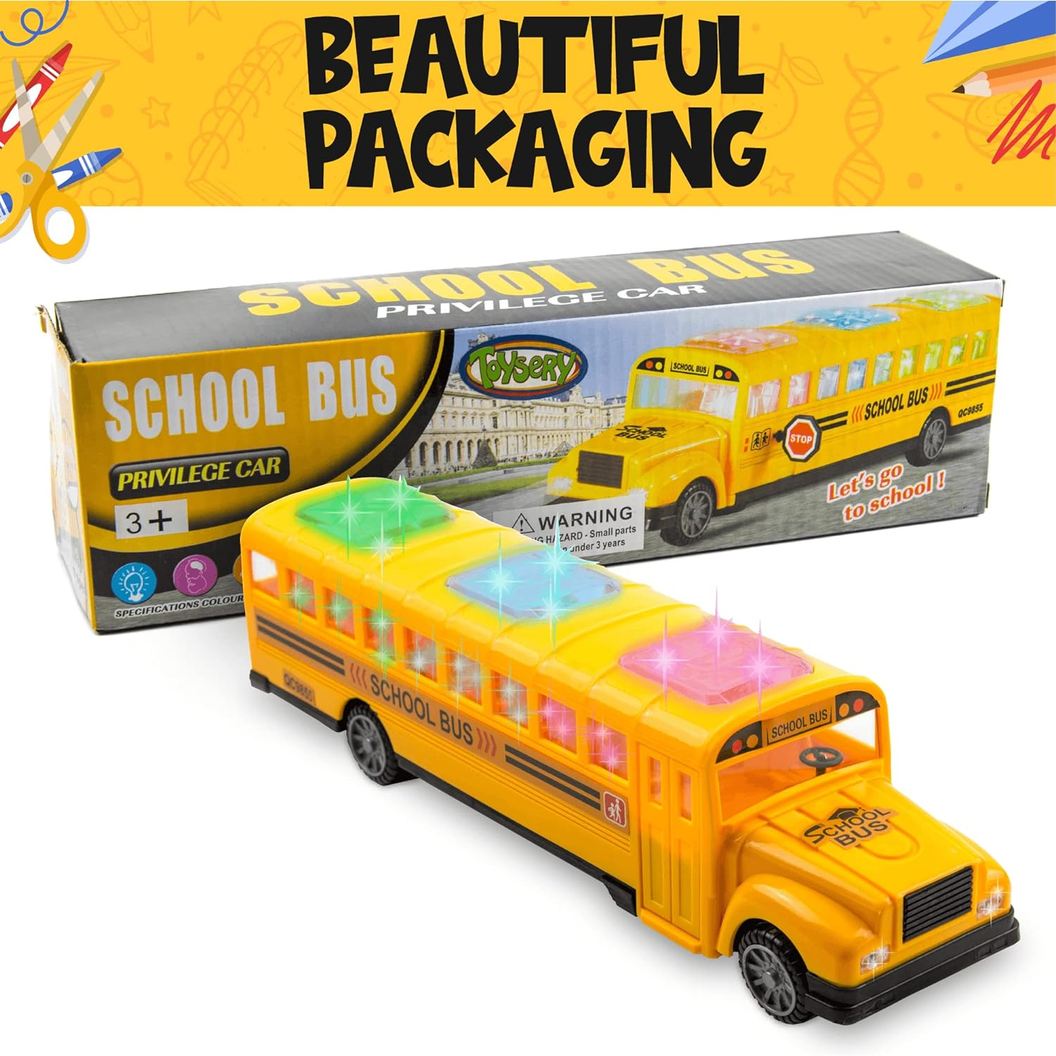 Toysery Yellow School Bus with Flashing LED Lights and Bus Sounds. Bump and Go Action Bus for Boys and Girls 3 Years Old and Above