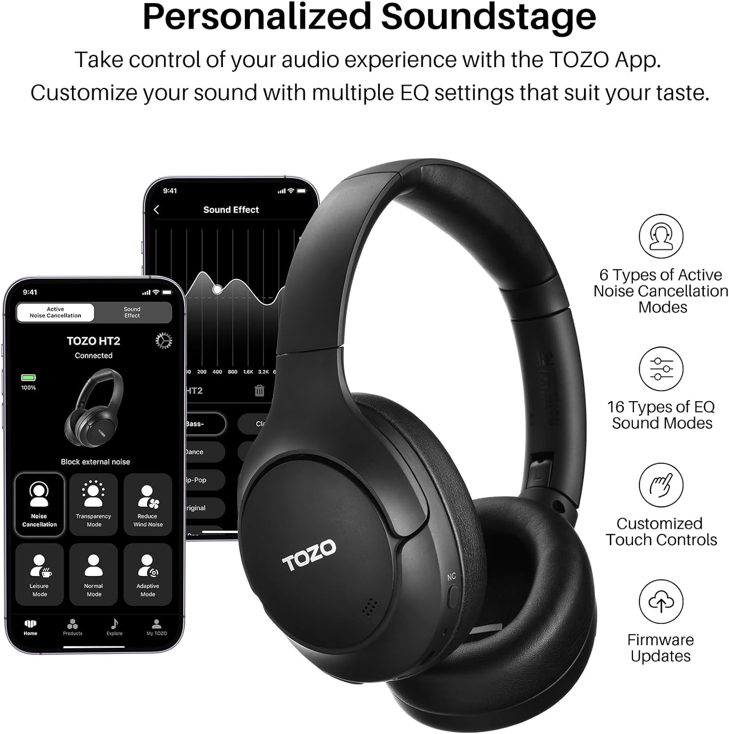 TOZO HT2 Hybrid Active Noise Cancelling Headphones, Wireless Over Ear Bluetooth Headphones, 60H Playtime, Hi-Res Audio Custom EQ via App Deep Bass Comfort Fit Ear Cups, for Home Office Travel