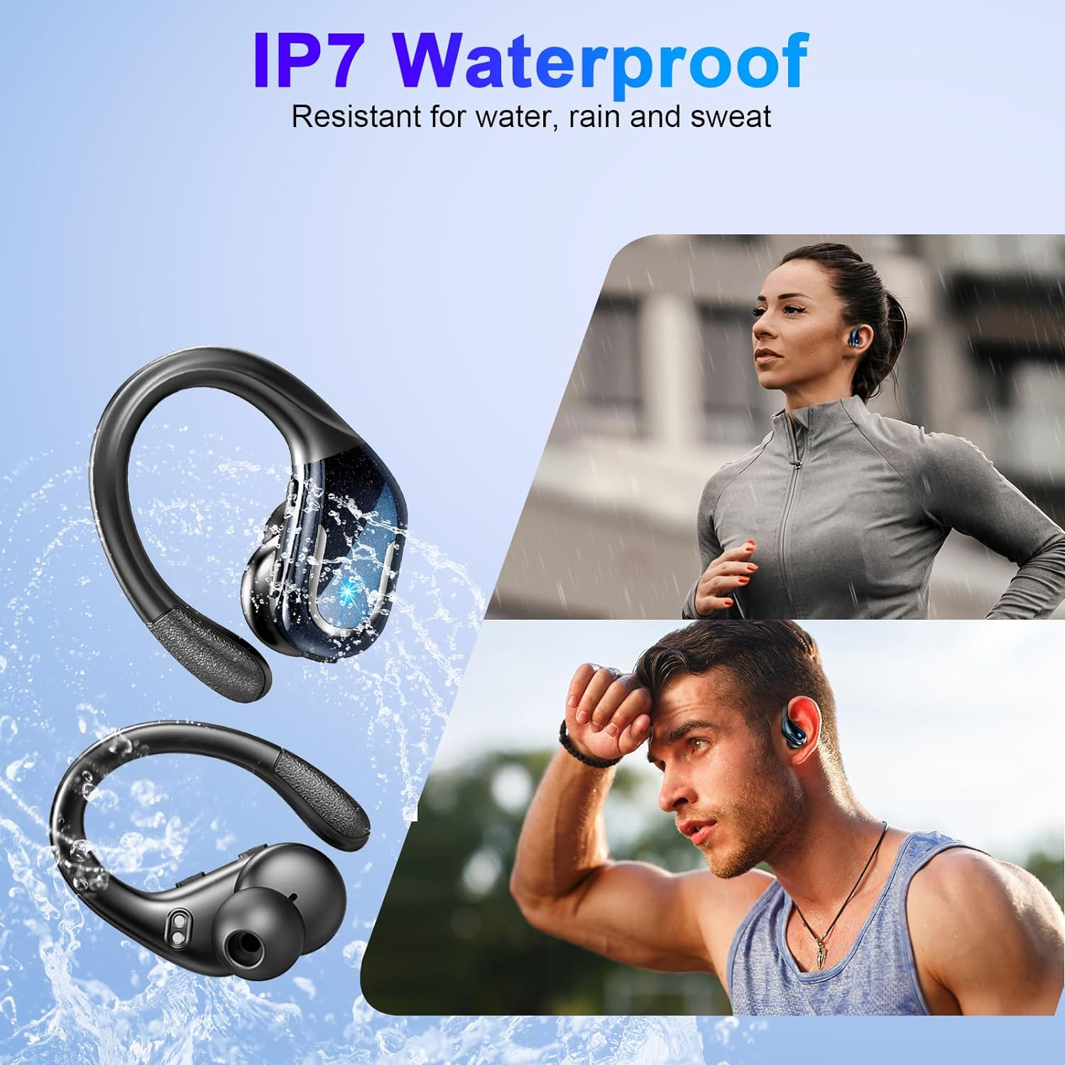 Wireless Earbud, 2023 Sport Wireless Bluetooth 5.3 Earbud with HiFi Stereo, 75H Over Ear Bud with Noise Cancelling Mic, IP7 Waterproof Bluetooth Headphones, LED Display, Button Control, Blue, for Gym
