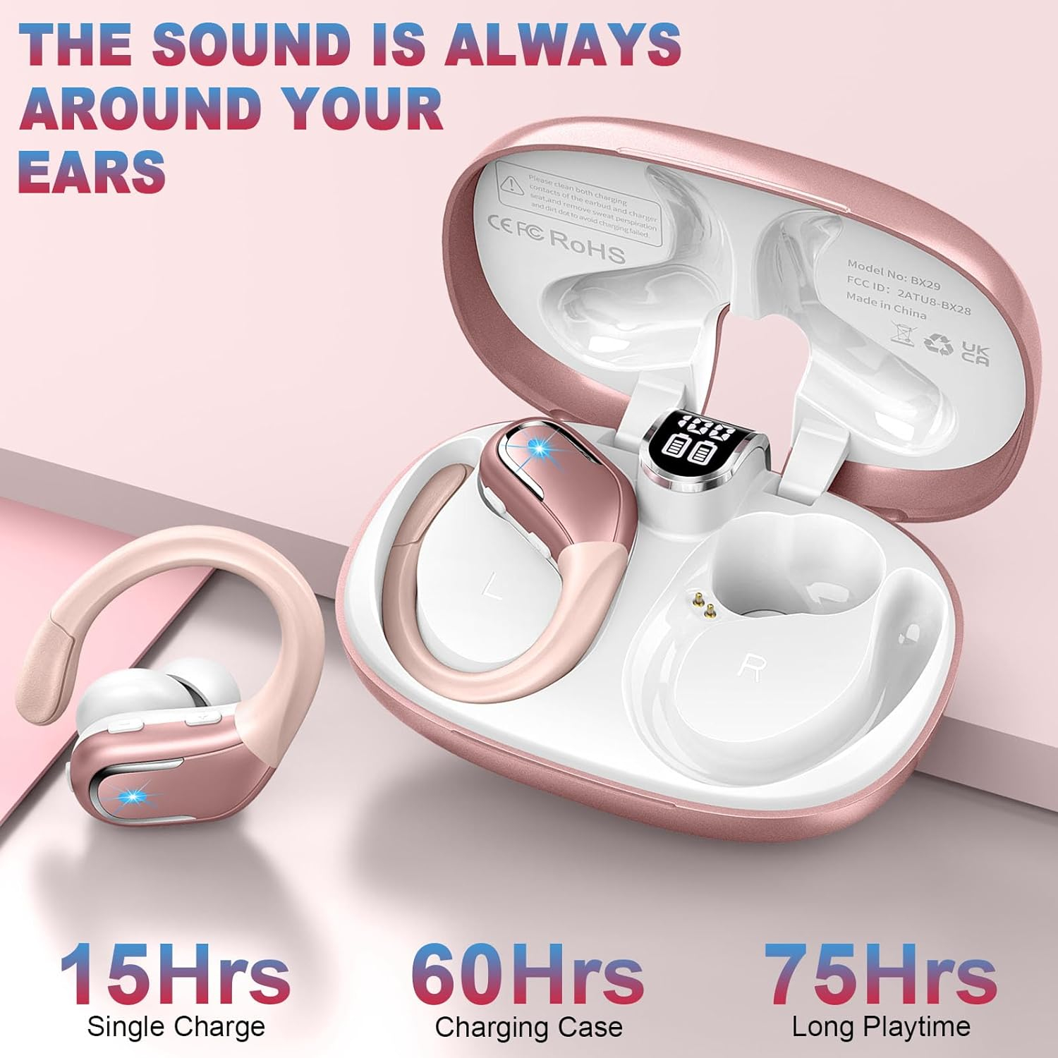 Wireless Earbud, 2023 Sport Wireless Bluetooth 5.3 Earbud with HiFi Stereo, 75H Over Ear Bud with Noise Cancelling Mic, IP7 Waterproof Bluetooth Headphones, LED Display, Button Control, for Running