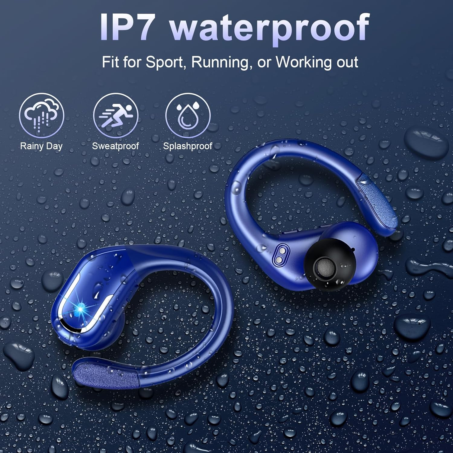 Wireless Earbud, 2023 Sport Wireless Bluetooth 5.3 Earbud with HiFi Stereo, 75H Over Ear Bud with Noise Cancelling Mic, IP7 Waterproof Bluetooth Headphones, LED Display, Button Control, Blue, for Gym