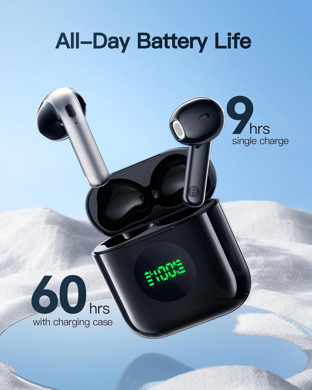 Wireless Earbuds 60H Playtime Ear Buds Bluetooth 5.3 Headphones with Wireless Charging Case Dual Power Display in-Ear Stereo Headset with Built-in Mic Waterproof Earphones for Android phone Tablet TV