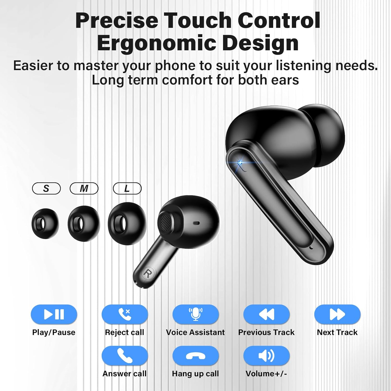 Wireless Earbuds, Bluetooth Headphones, 42H Playtime Bluetooth 5.3 HiFi Stereo Wireless Headphones with HD Mic Deep Bass Earbuds, IPX7 Waterproof, LED Power Display for iOS Android Phone Black