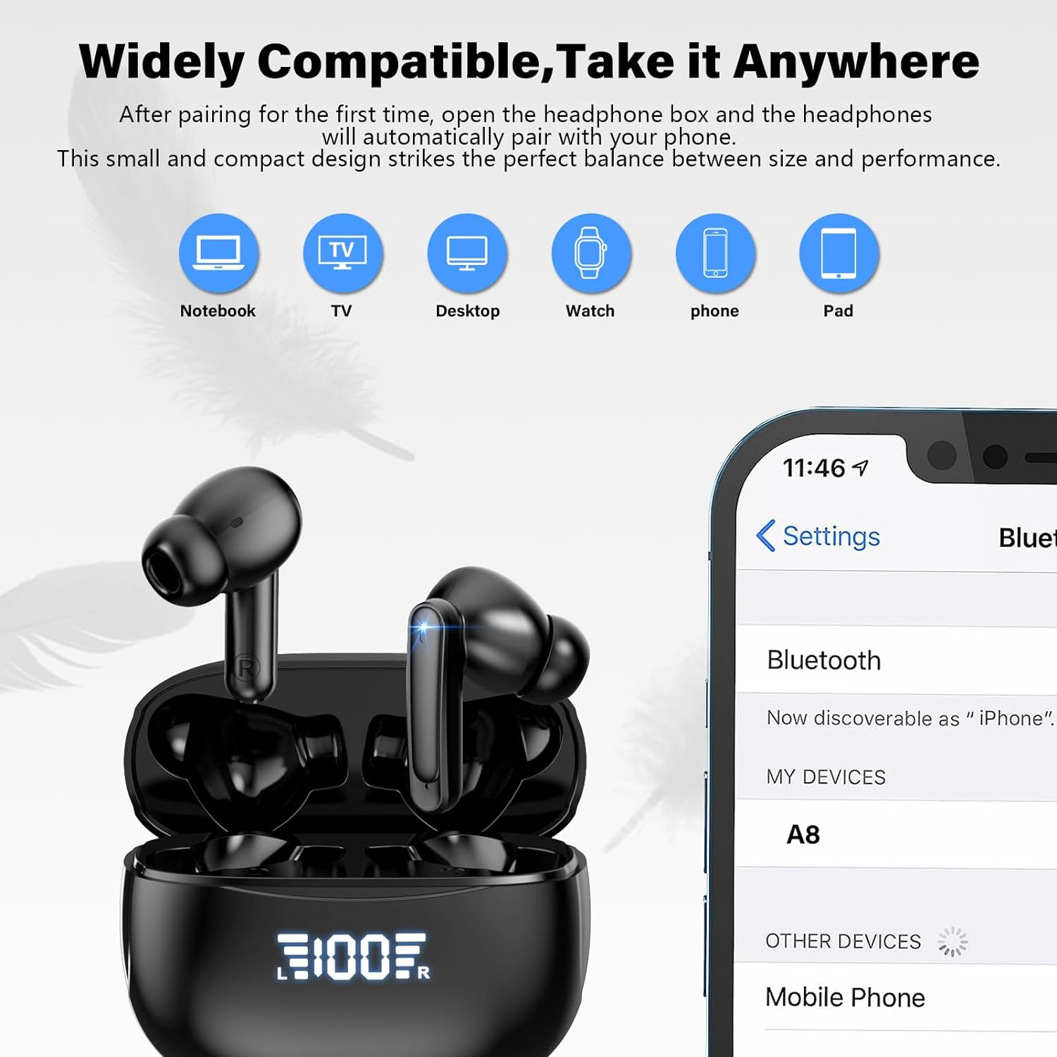 Wireless Earbuds, Bluetooth Headphones, 42H Playtime Bluetooth 5.3 HiFi Stereo Wireless Headphones with HD Mic Deep Bass Earbuds, IPX7 Waterproof, LED Power Display for iOS Android Phone Black