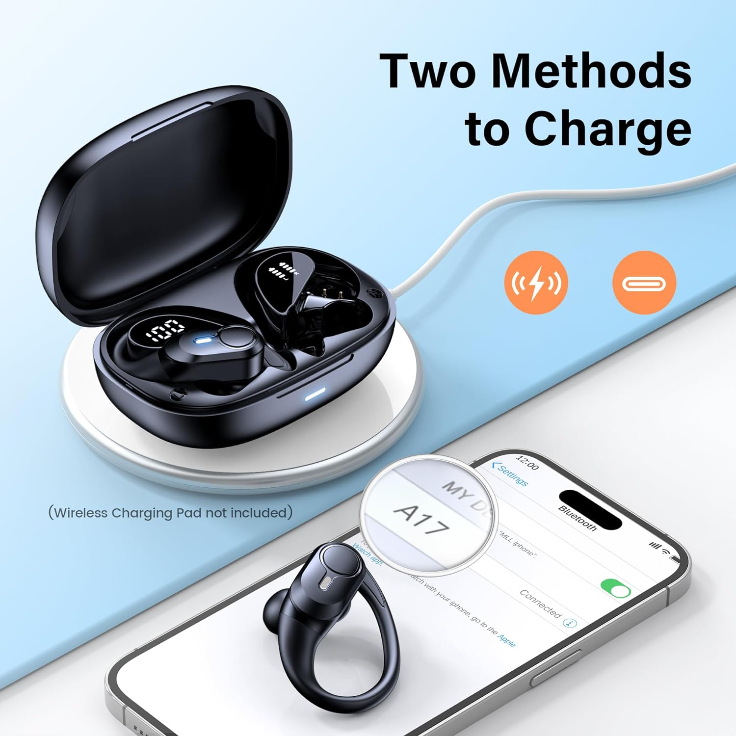 Wireless Earbuds Bluetooth Headphones 70hrs Playback Ear Buds IPX7 Waterproof Wireless Charging Case  Dual Power Display Over-Ear Stereo Bass Earphones with Earhooks for Sports/Workout/Running