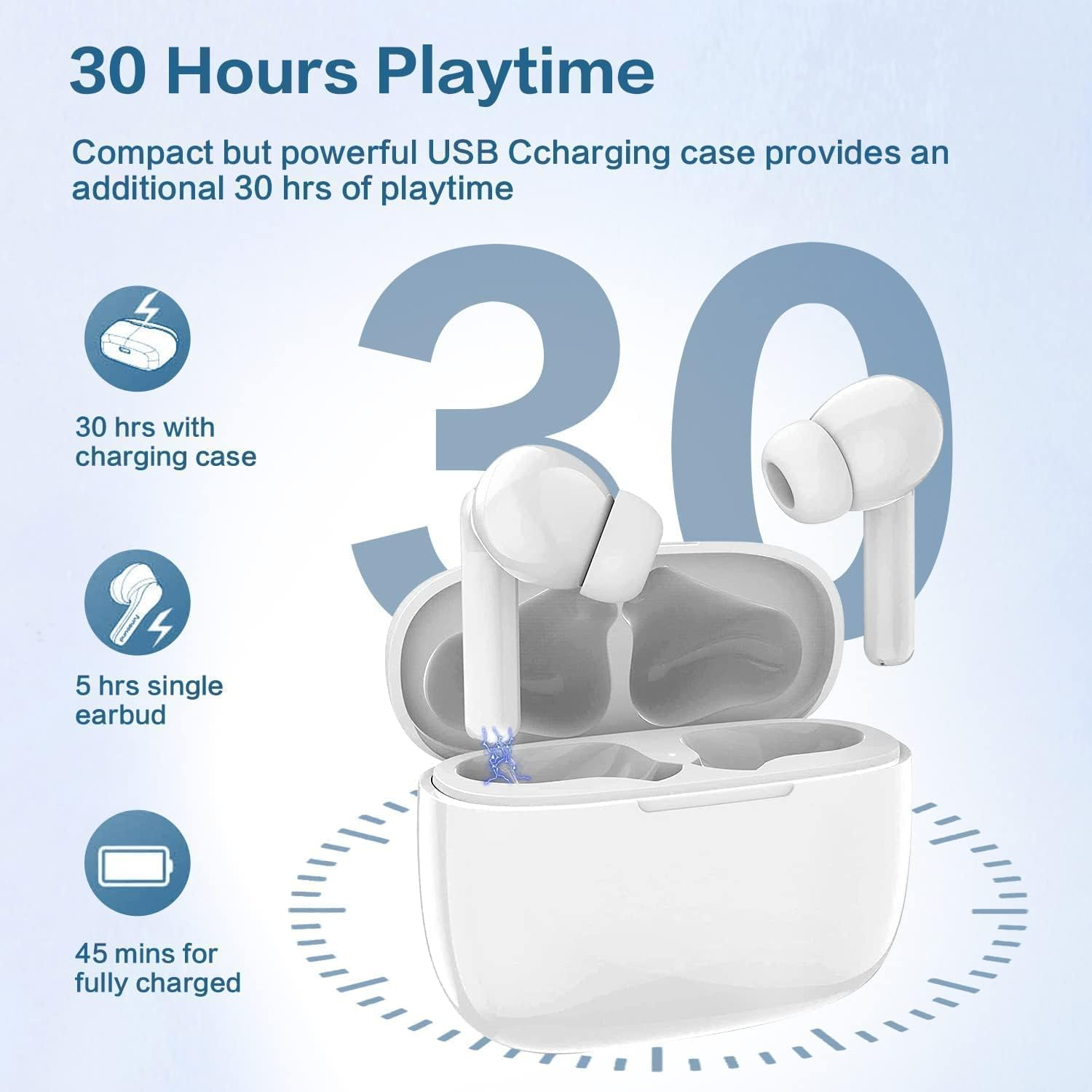 Wireless Earbuds Bluetooth Headphones with 30H Cycle Playtime Built-in Mic Stereo Earphones Sound IP67 Waterproof Sports Headsets Air Buds Pro Touch Control Smart Pop-up Auto Pairing