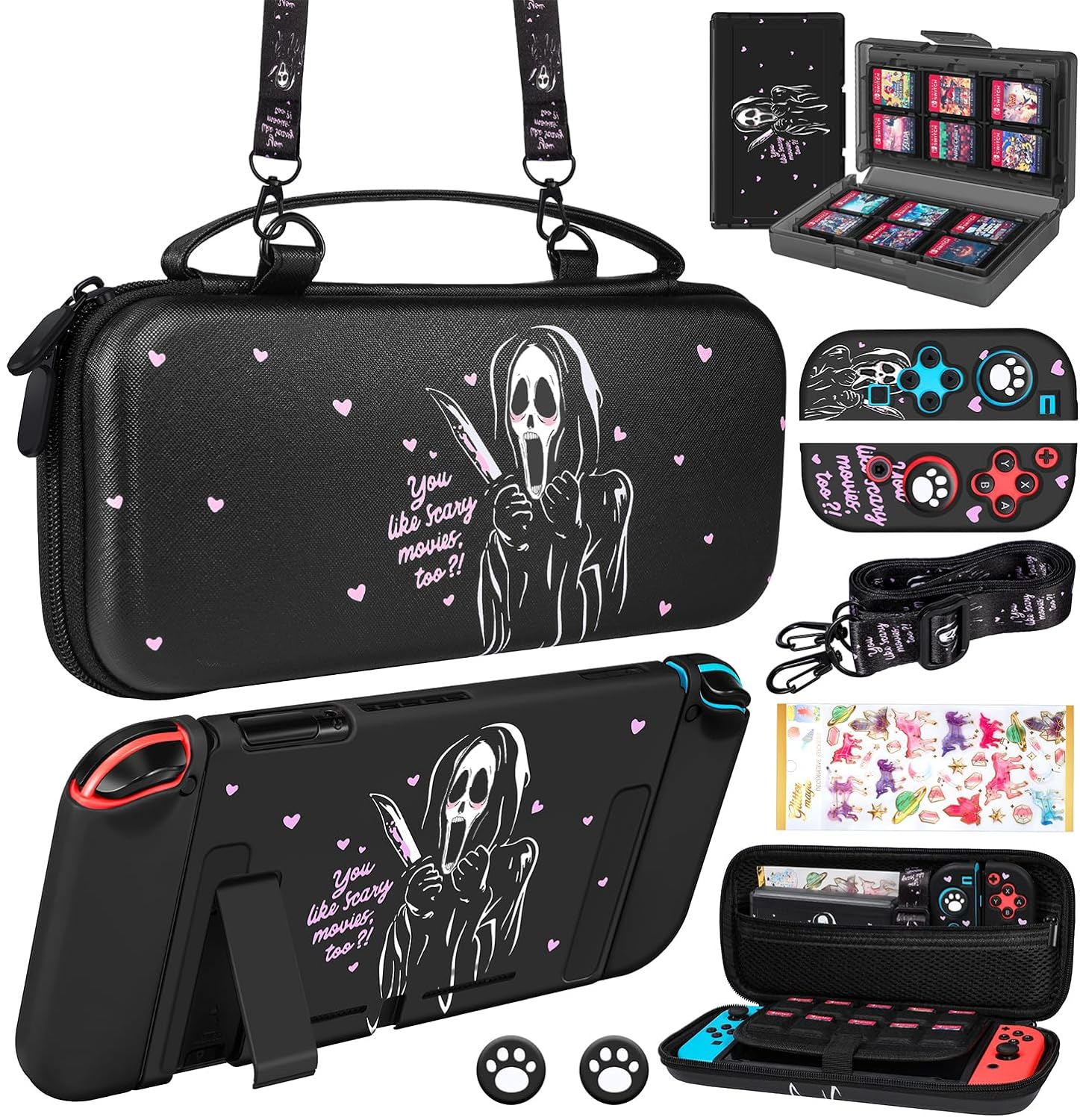 Xinocy for Nintendo Switch 9 in 1 Storage Accessories Kit with Travel Carrying Case+Switch Protective Cover+Game Case Holder+Strap+Sticker+2 Joycon Shells+2 Thumb Caps Cute for Boys Kids Girls -Stit