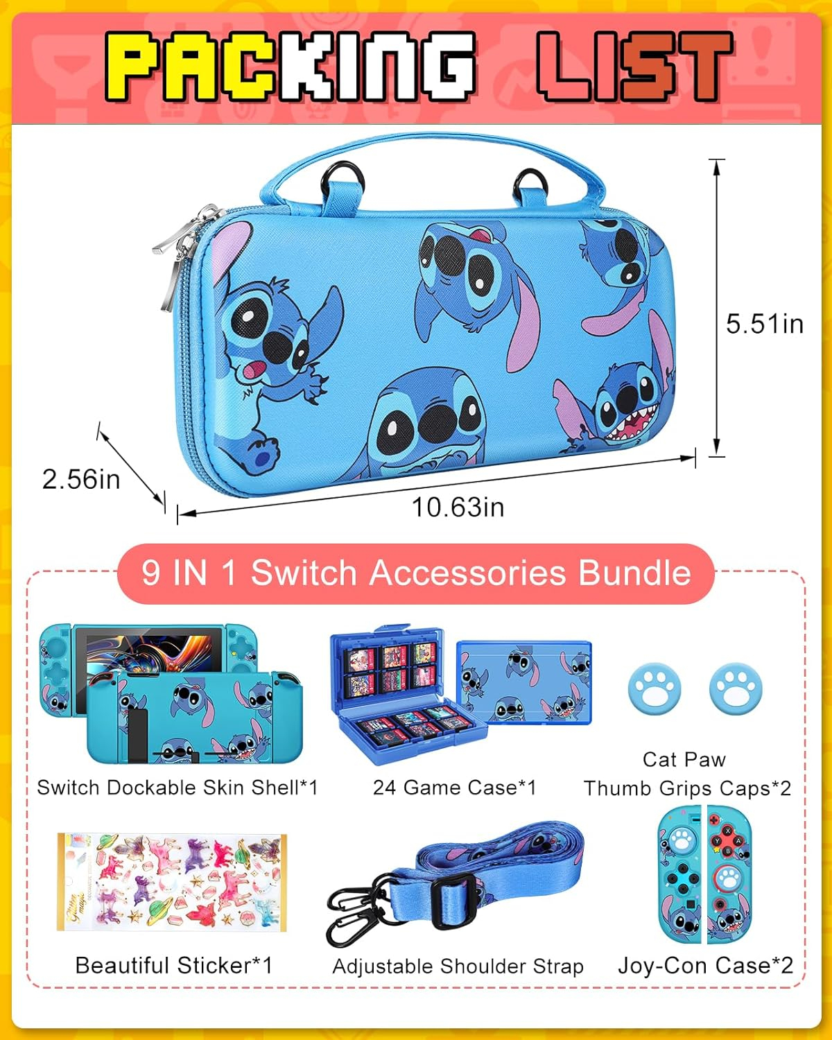 Xinocy for Nintendo Switch 9 in 1 Storage Accessories Kit with Travel Carrying Case+Switch Protective Cover+Game Case Holder+Strap+Sticker+2 Joycon Shells+2 Thumb Caps Cute for Boys Kids Girls -Stit