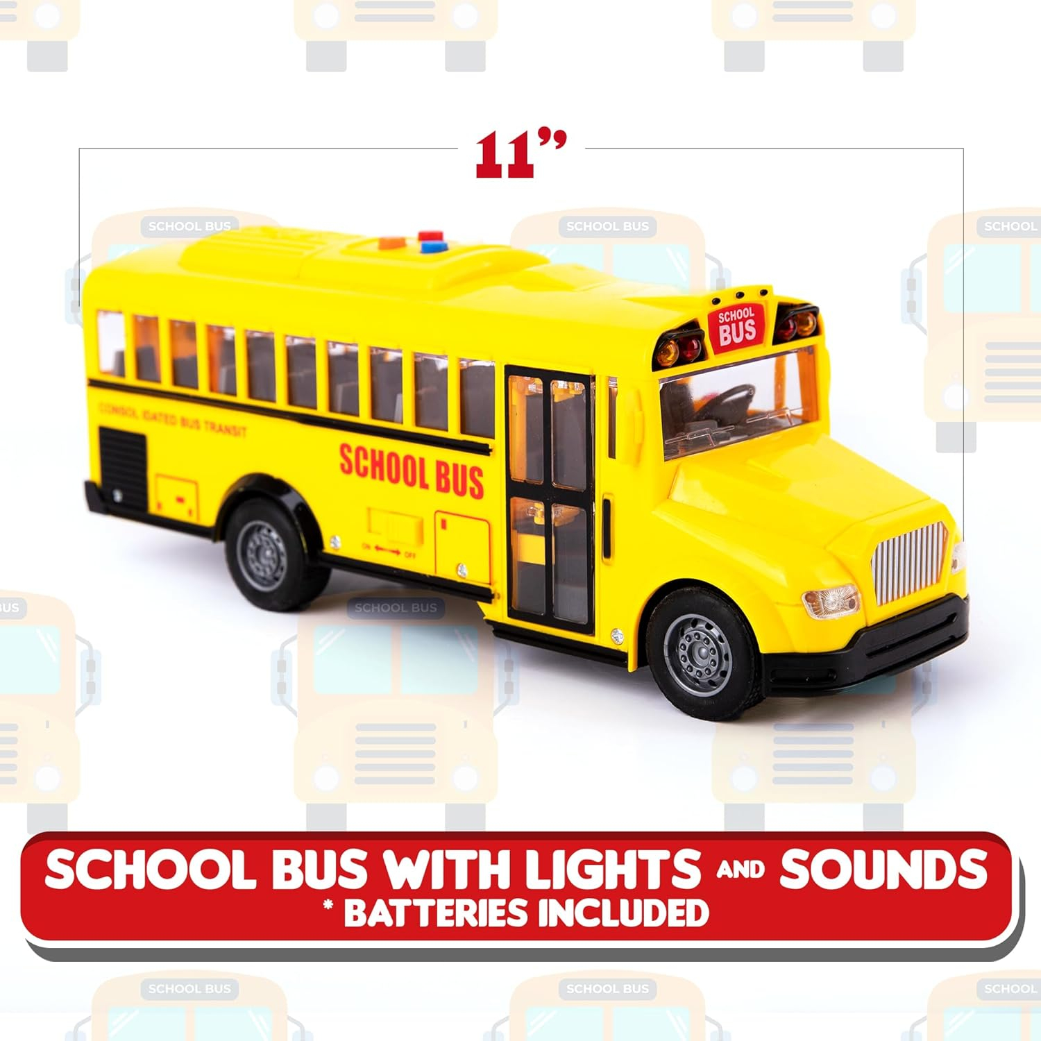 Yellow School Bus Toy with Flashing Lights  Sound, Friction Powered 1/16 Scale School Bus Toy for Kids with 4 Different Sounds  Lights, Back and Side Doors Open, Great Gift Idea for Kids Ages 3+