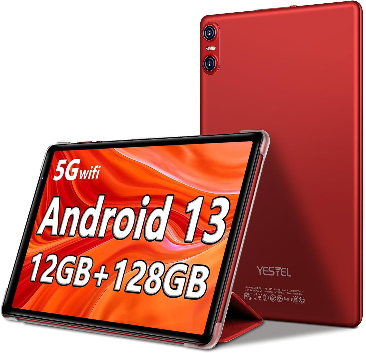 YESTEL 2023 Newest Android 13 Tablet 10 inch Tablet with 12GB RAM + 128GB ROM,1TB Expand,2.0GHz Octa-Core Processor,IPS HD Display,Support 5G WiFi,GPS,Bluetooth 5.0 with Keyboard,Mouse - Red