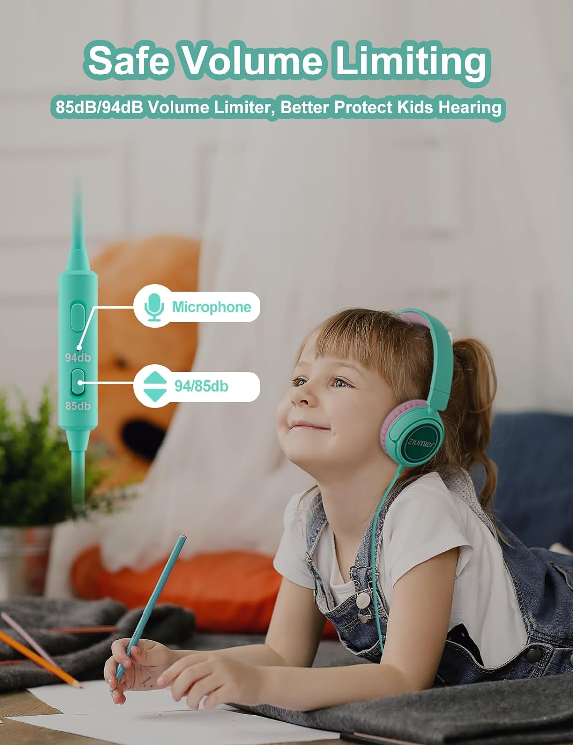 ZIUMIER Kids Headphones Wired, Headphones for Kids with Microphone for Boys Girls, 85dB/ 94dB Volume Limited, Foldable Toddler Headphones for School Airplane Travel,iPad, Fire Tablet, Kindle
