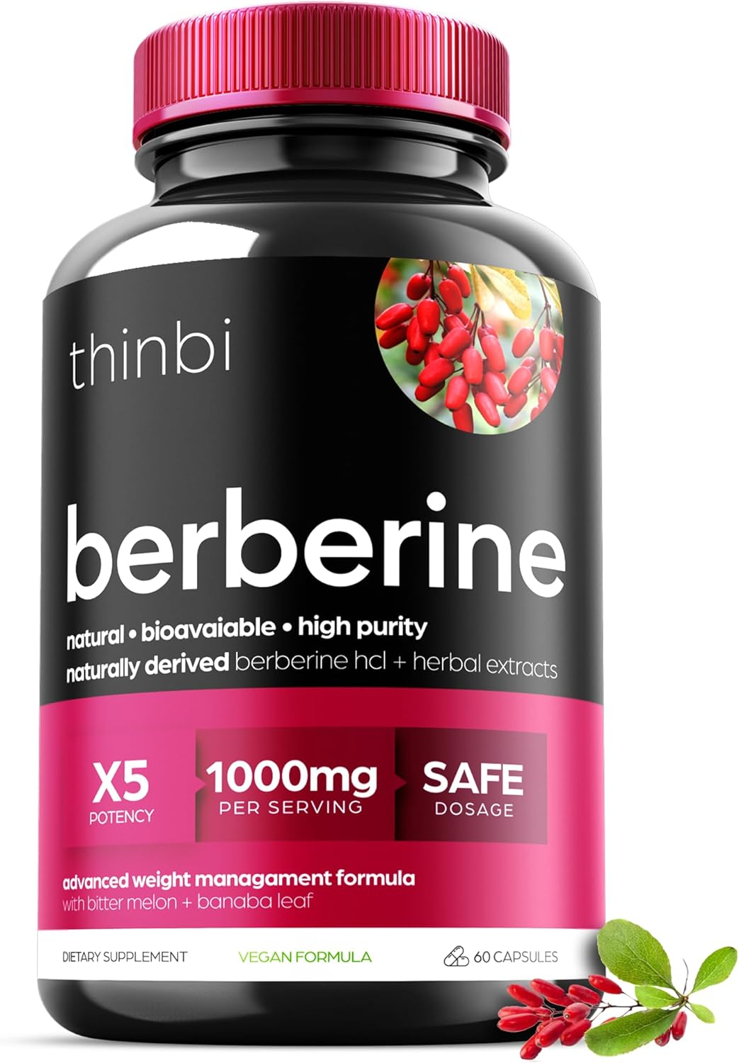 Artnaturals Berberine Supplement 1000mg Potent Botanical Capsules for Weight Management with Bitter Melon and Banaba Leaf - HCl from Barberry Extract- 30 Servings