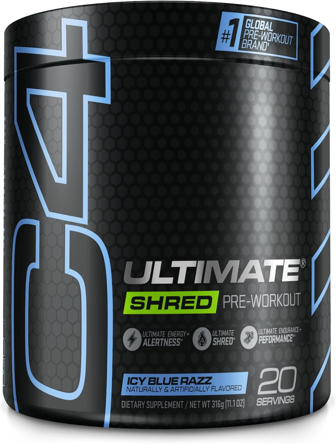 Cellucor C4 Ultimate Shred Pre Workout Powder for Men  Women, Metabolism Supplement with Ginger Root Extract, ICY Blue Razz, 20 Servings (Pack of 1)