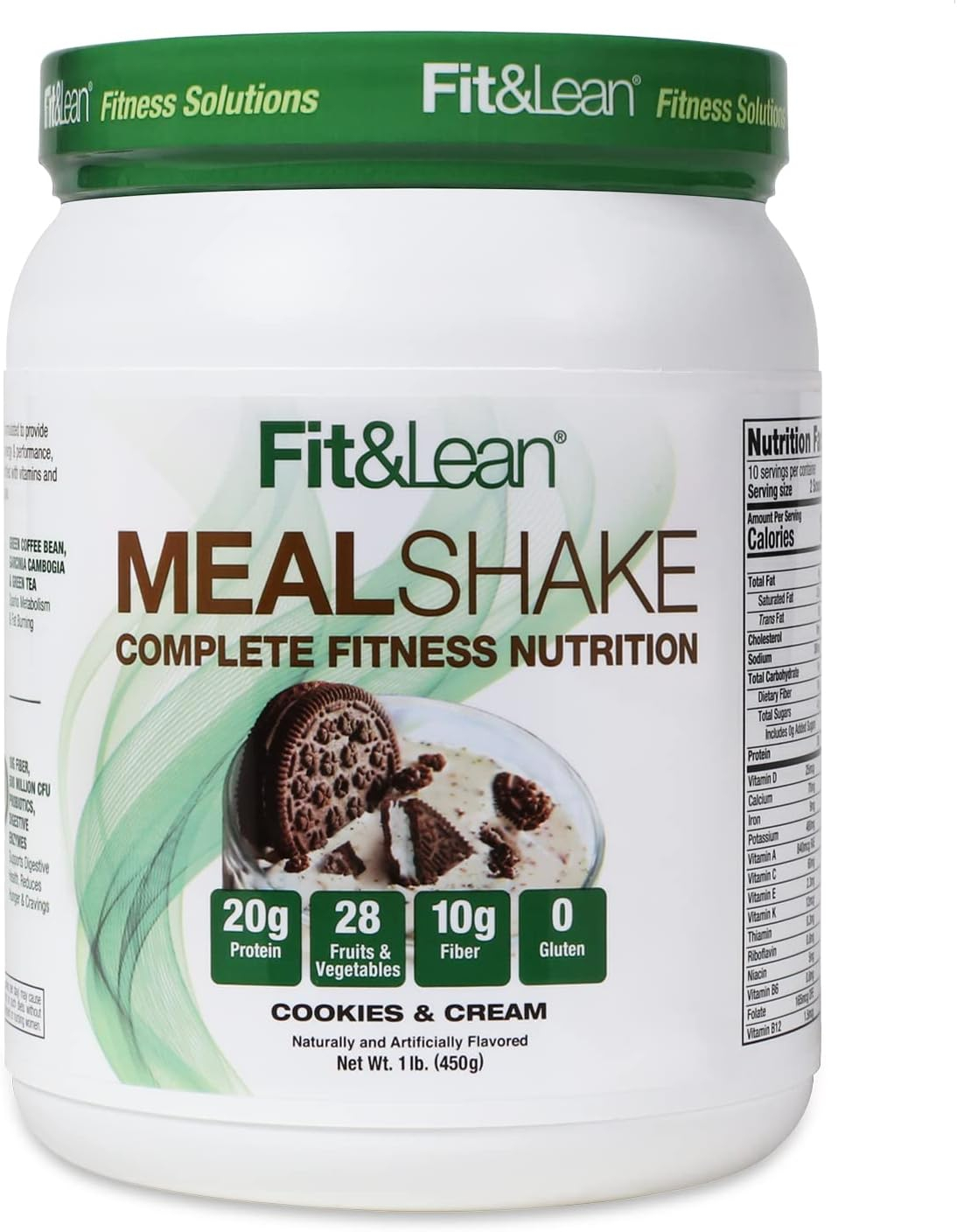 Fit  Lean Meal Shake, Fat Burning Meal Replacement, Meal Replacement with Protein, Fiber, Probiotics and Organic Fruits  Vegetables, Cookies and Cream, 1lb, 10 Servings Per Container