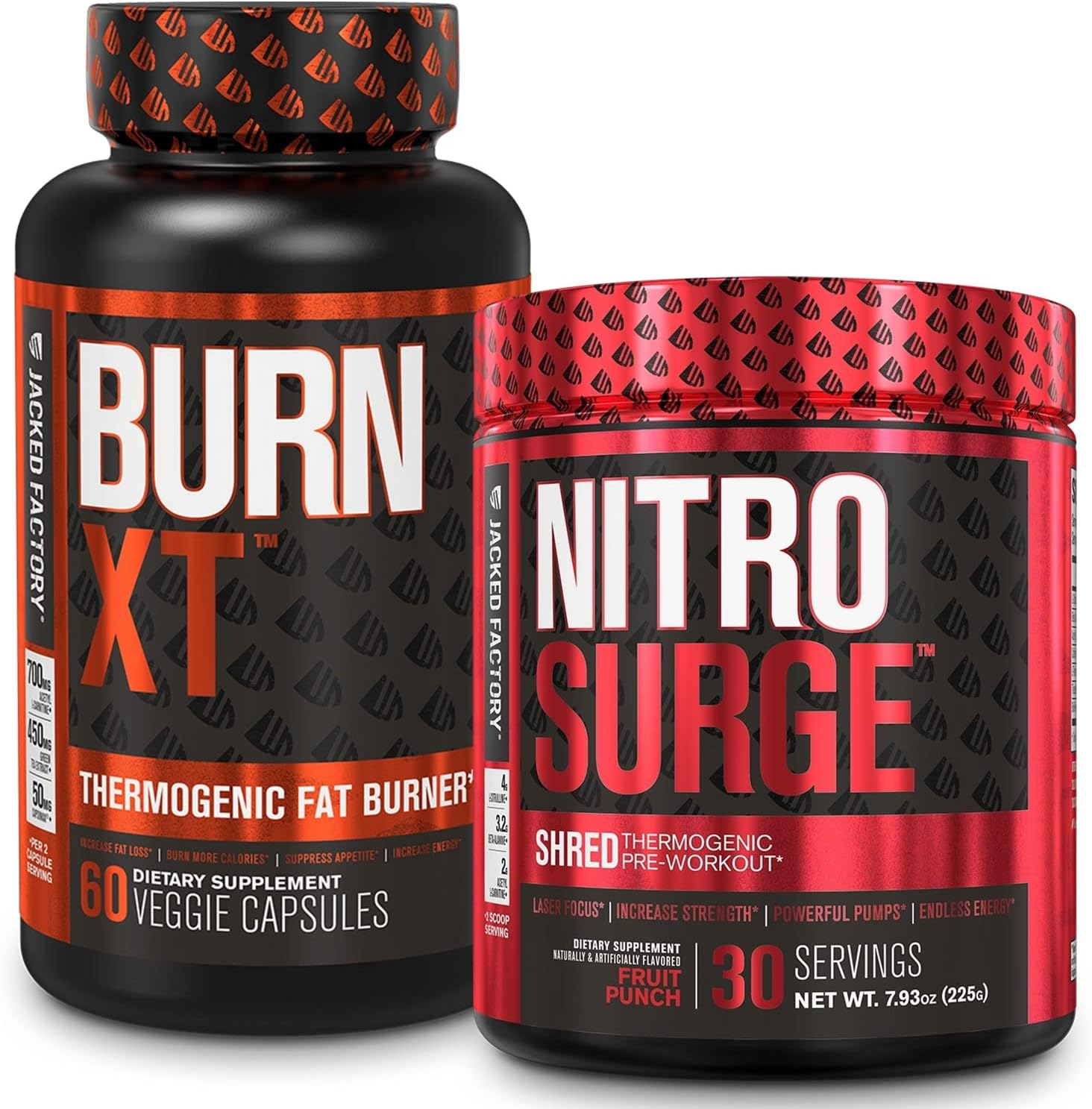 Jacked Factory Burn-XT Thermogenic Fat Burner  NITROSURGE Shred Thermogenic Pre-Workout in Fruit Punch for Men  Women