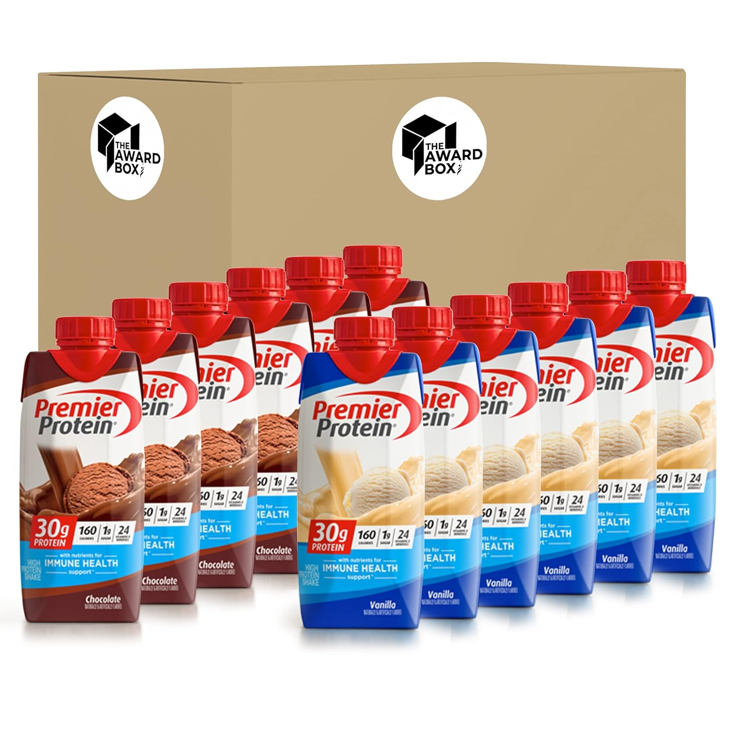Premier Protein High Protein Shake, Chocolate and Vanilla Variety pack, 11 Fl oz. 6 of each flavor (12 Pack) in The Award Box