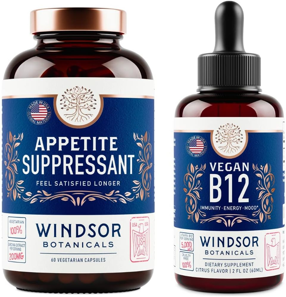 WINDSOR BOTANICALS Appetite Suppressant for Weight Loss and Vegan B12 Liquid Bundle