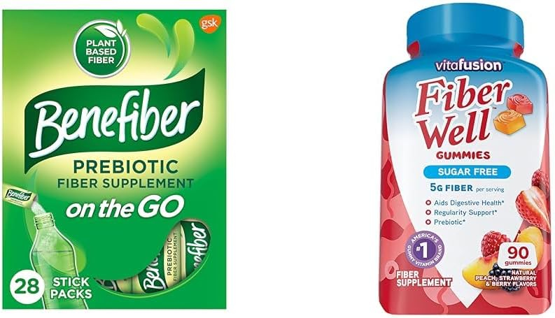 Benefiber On The Go Prebiotic Fiber Supplement Powder for Digestive Health  Vitafusion Fiber Well Sugar Free Fiber Supplement, Peach, Strawberry and BlackBerry Flavored