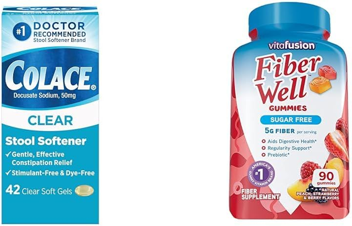 Colace Clear Stool Softener Soft Gel Capsules Constipation Relief 50mg 42ct  Vitafusion Fiber Well Sugar Free Fiber Supplement Peach Strawberry BlackBerry Flavored 90ct