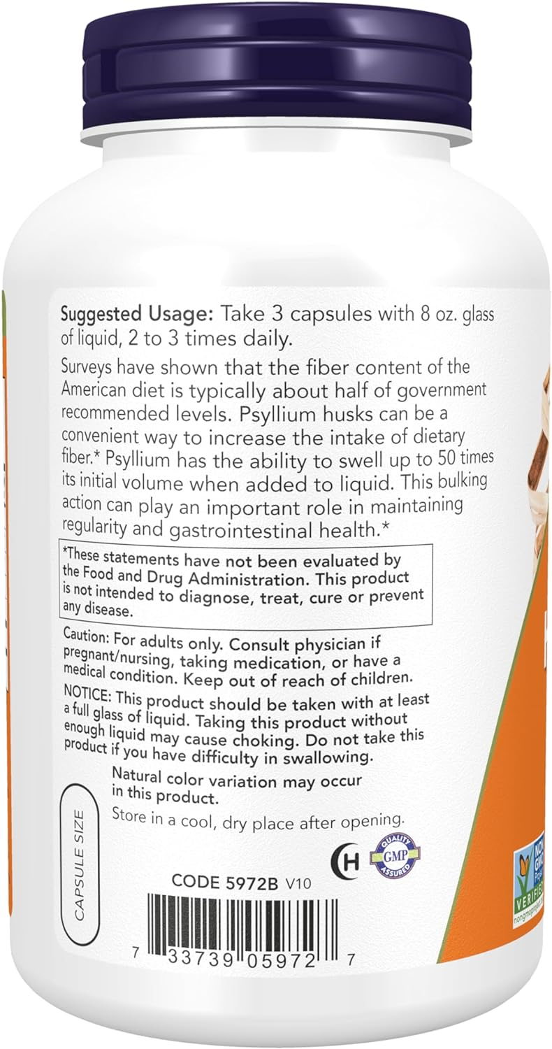 NOW Supplements, Psyllium Husk Caps 700 mg with 50 mg of Apple Pectin, Intestinal Health*, 180 Veg Capsules