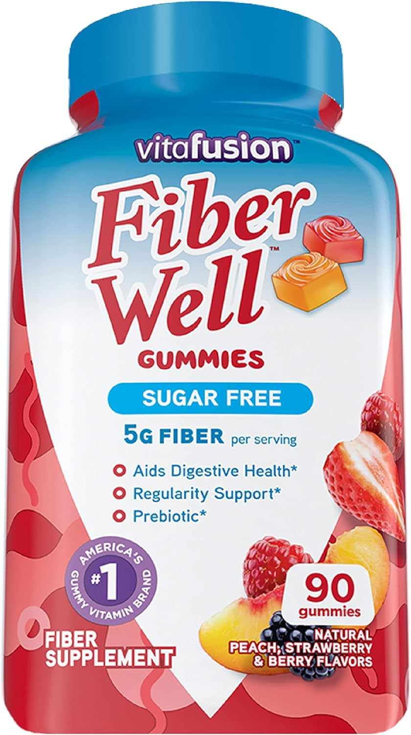 Vitafusion Fiber Well Fit Gummies Supplement, 90 Count (Packaging May Vary)  Fiber Well Sugar Free Fiber Supplement, Peach, Strawberry and BlackBerry Flavored Supplements, 90 Count