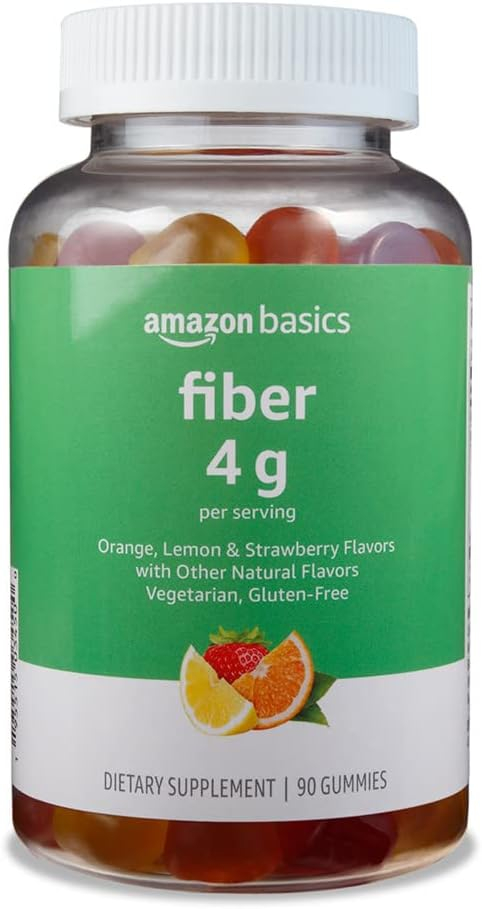Amazon Basics (previously Solimo) Fiber 4g Gummy - Digestive Health, Supports Regularity, Orange, Lemon  Strawberry, 90 Gummies (2 per Serving)