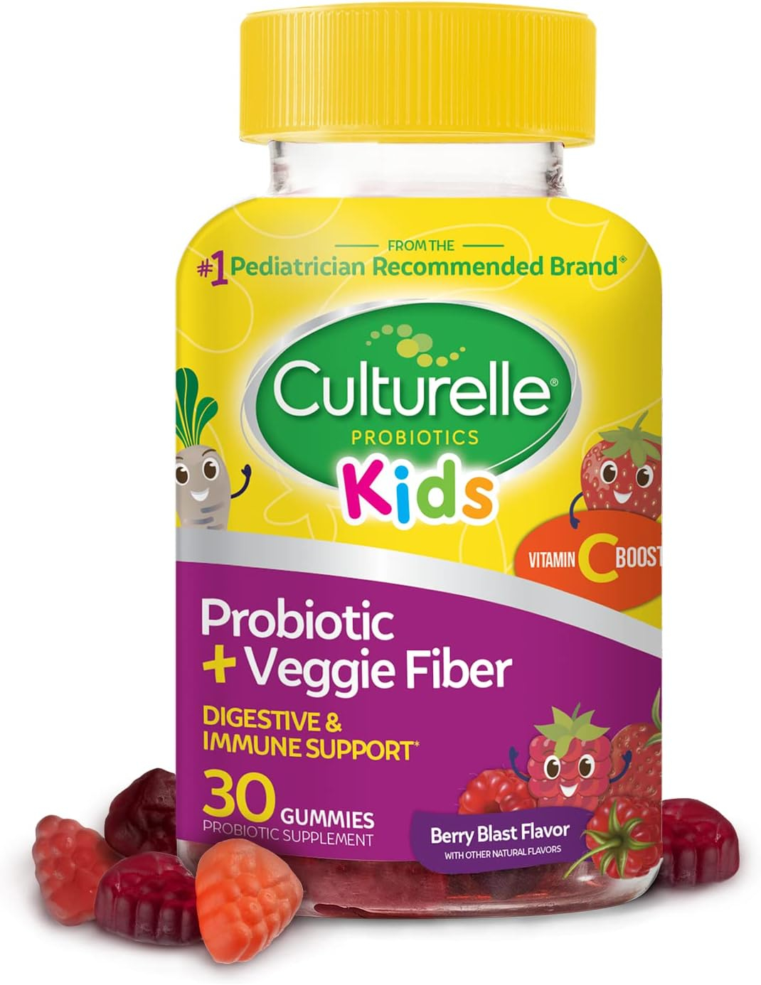 Culturelle Daily Probiotic for Kids + Veggie Fiber Gummies (Ages 3+) - 30 Count - Digestive Health  Immune Support – Berry Flavor with a Vitamin C Boost