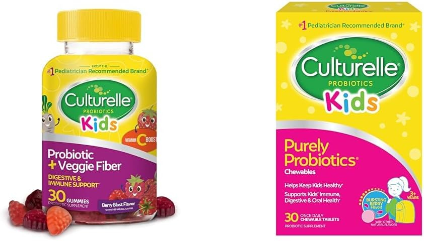 Culturelle Daily Probiotic for Kids + Veggie Fiber Gummies (Ages 3+) - 30 Count  Kids Chewable Daily Probiotic for Kids, Ages 3+, 30 Count, 1 Pediatrician-Recommend
