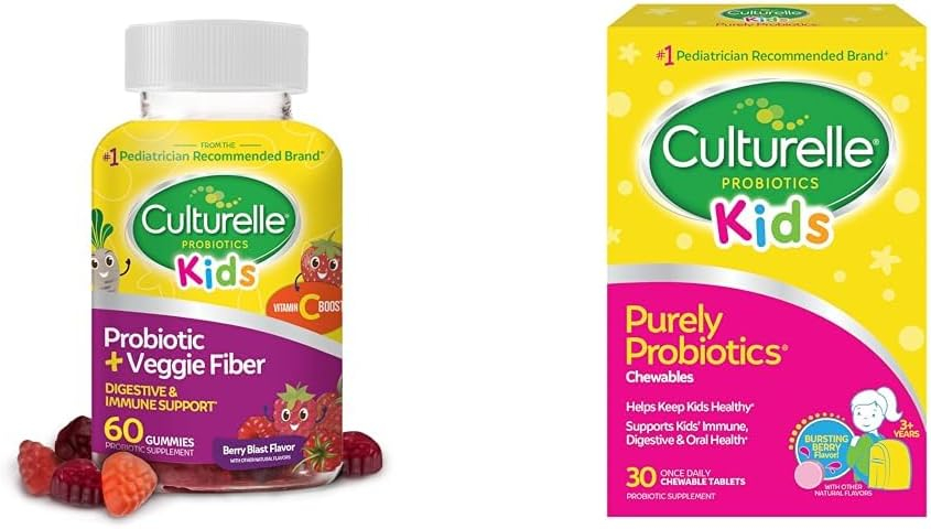 Culturelle Daily Probiotic for Kids + Veggie Fiber Gummies (Ages 3+) - 60 Count  Kids Chewable Daily Probiotic for Kids, Ages 3+, 30 Count