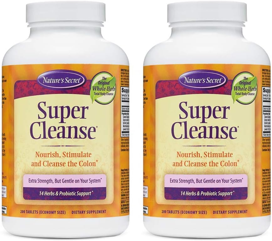 Natures Secret Super Cleanse Extra Strength Toxin Detox  Gentle Elimination Body Cleanse, Digestive  Colon Health Support - Stimulating Blend of 14 Herbs with Probiotics - 200 Tablets (Pack of 2)
