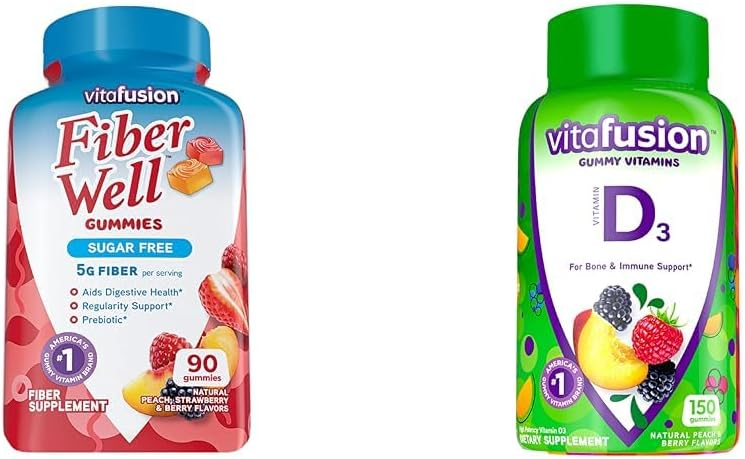 Vitafusion Fiber Well Sugar Free Fiber Supplement  Vitamin D3 Gummy Vitamins for Bone and Immune System Support, Peach, BlackBerry and Strawberry Flavored, 50 mcg Vitamin D, 75 Day Supply, 150 Count